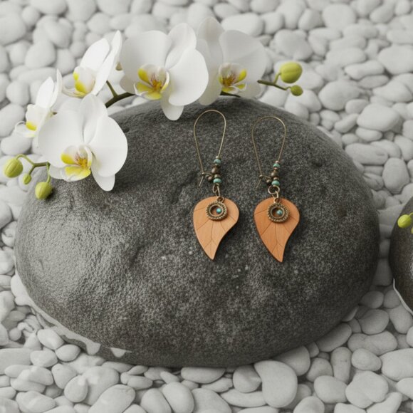 ποΈRustic Boho Chic Wooden Leaf Earrings with Copper Beads & Turquoise Charm - Picture 5 of 10